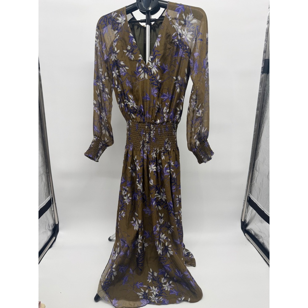 Ramy Brook Printed Romina Dress Olivine Floral Maxi Smocked Waist XS NEW $525